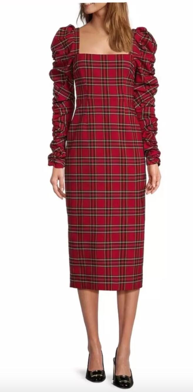 Antonio Melani Elena Plaid Square Neck Midi Dress Long Ruched Sleeve US 10 NWT